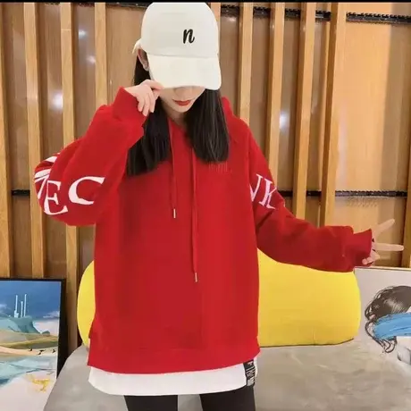 2023冬新款韩版假两件百搭宽松休闲连帽袖子字母印花贴标加绒卫衣图片