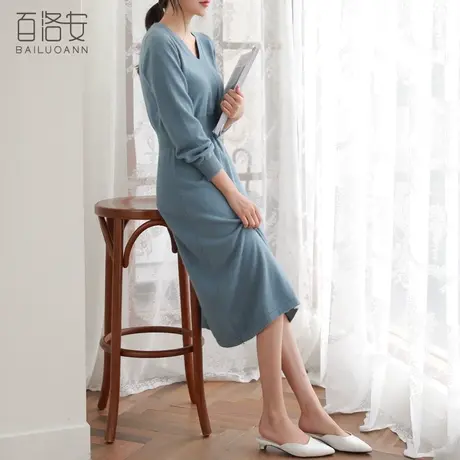 百洛安长袖连衣裙女中长款春季新款V领针织毛衣裙雾霾蓝收腰裙子图片