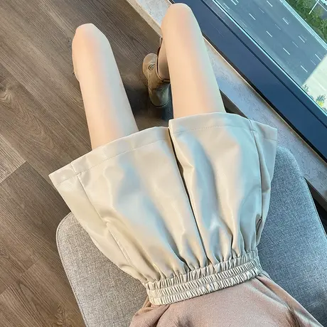 白色pu皮裤短裤女秋季新款高腰a字显瘦阔腿裤小个子休闲外穿靴裤图片