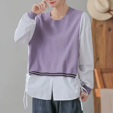 dza 复古针织假两件上衣女士宽松T恤春秋新款拼接圆领内搭打底衫商品大图