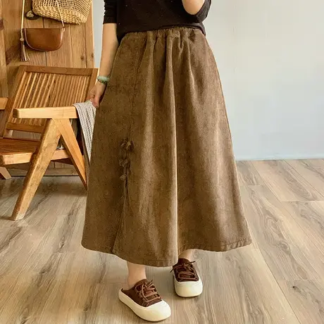 dza高腰显瘦加厚灯芯绒半身裙子女冬加绒A字裙宽松复古盘扣开叉裙图片