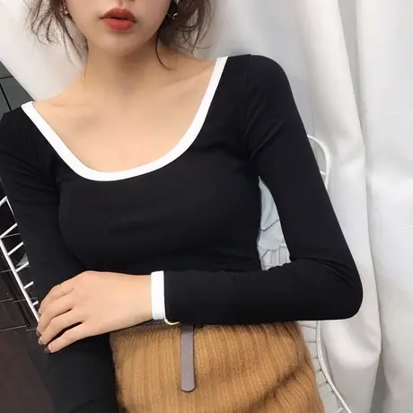 黑色低领打底衫女秋冬长袖t恤修身内搭秋衣大圆领u领性感紧身上衣图片