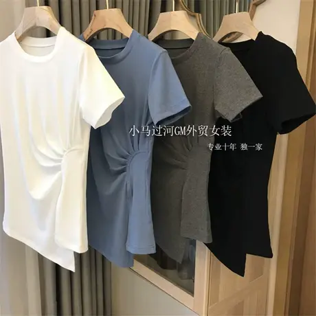 短袖t恤女2021夏季新款弹性侧腰太阳褶设计感开叉修身显瘦上衣潮商品大图