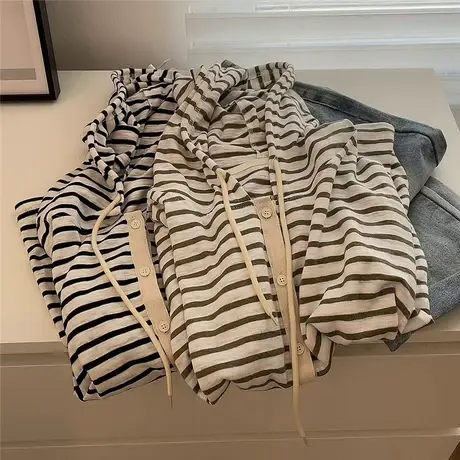 韩系条纹连帽开衫！春夏薄款宽松百搭长袖防晒衣空调衫薄外套女图片