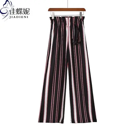 夏季新款韩版松紧腰宽松条纹拼接色气质直筒长裤女装小个子休闲裤图片