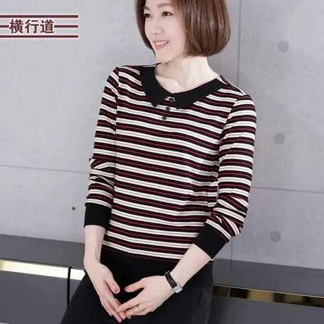 娃娃领条纹休闲宽松长袖t恤女装打底衫上衣大码减龄春装中年体恤商品大图