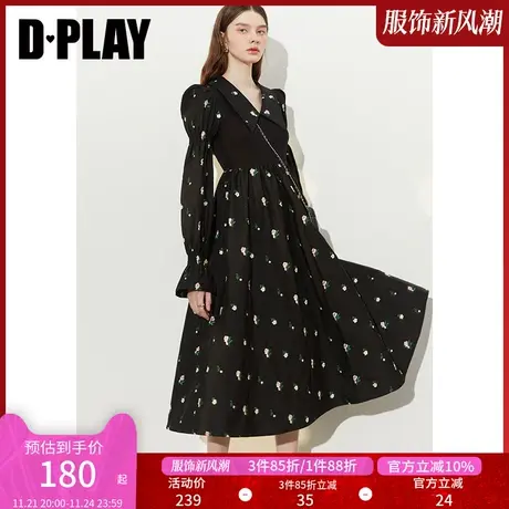 DPLAY秋宫廷风黑色高腰泡泡荷叶袖立体刺绣小碎花大摆连衣裙图片
