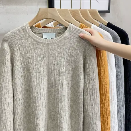 肌理提花男士毛衣秋冬季2023新款休闲潮流圆领修身百搭针织打底衫商品大图