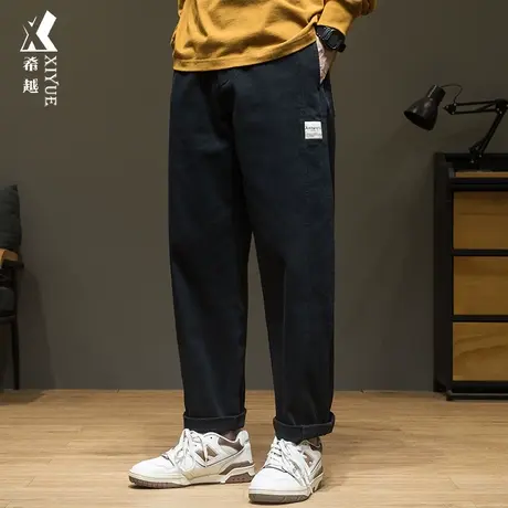 希越春秋350g重磅休闲裤男款直筒洗水棉百搭长裤宽松大码拼接裤子商品大图