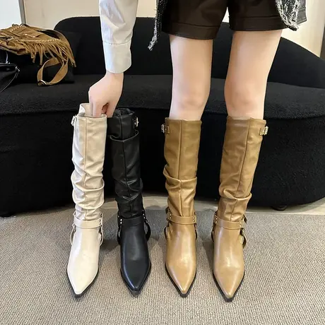 长筒靴女2023年春秋季新款复古法式西部堆堆瘦瘦靴粗跟尖头骑士靴图片