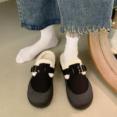 外穿平底棉拖鞋女冬季新款2023复古孕妇毛毛拖包头半拖百搭休闲鞋商品大图