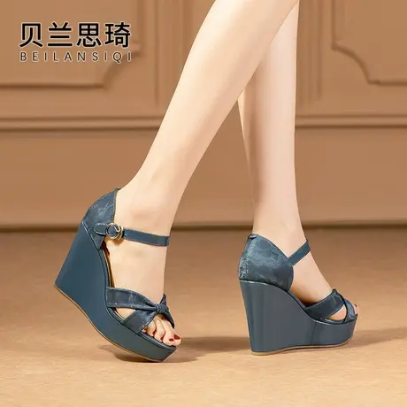 真皮一字带厚底坡跟凉鞋女夏季新款防水台高跟凉鞋商品大图