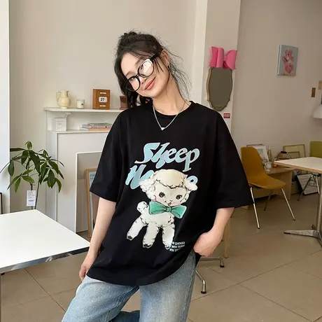 唐狮夏季短袖T恤女士宽松休闲粉色打底衫纯棉洋气小众别致上衣图片