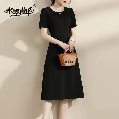 【1件7.9折】新品优雅修身黑色A字裙显瘦百搭短袖夏季连衣裙商品大图