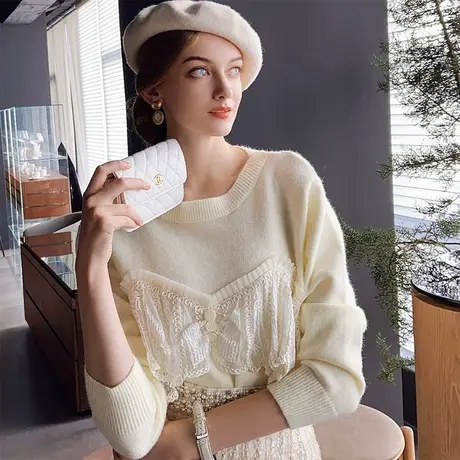 粉红大布娃娃设计感淑女针织毛衫女宽松甜美气质毛衣2021新款秋季商品大图