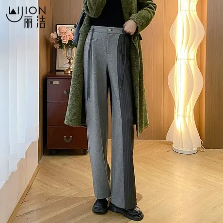 设计感拼接条纹裤女秋冬2023新款高腰垂感复古个性休闲直筒阔腿裤商品大图