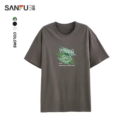 三福2023夏男士都市休闲圆领短袖  简约宽松短袖T恤绿色层次图案商品大图