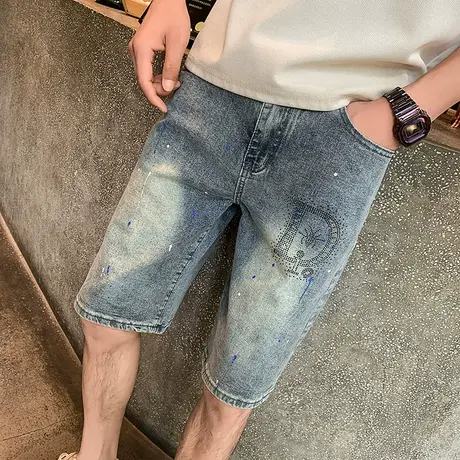 夏季潮流百搭高级重工直筒牛仔休闲薄款韩版个性休闲烫钻五分短裤商品大图
