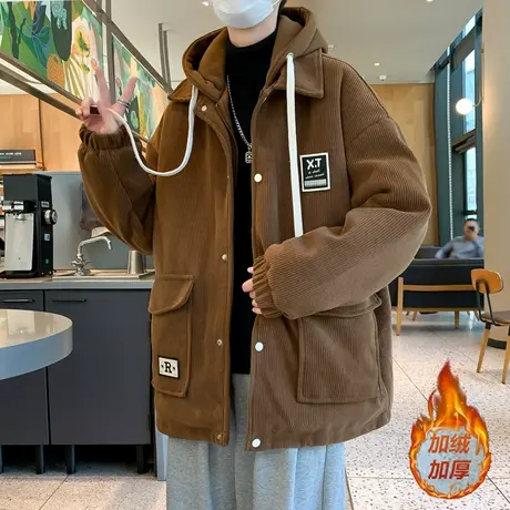 冬款连帽棉衣青少年男士潮牌加绒加厚保暖棉服外套户外时尚棉袄子商品大图
