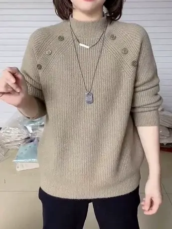 别致秋冬季新款针织毛衣软糯打底半高圆领宽松慵懒套头纽扣上衣潮商品大图