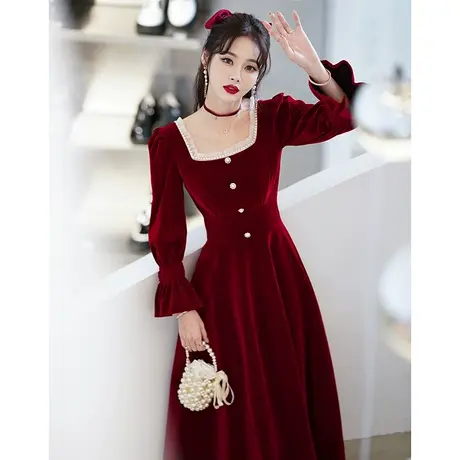 长袖敬酒服新娘2024新款秋冬季结婚订婚回门礼服气质酒红色方领女图片