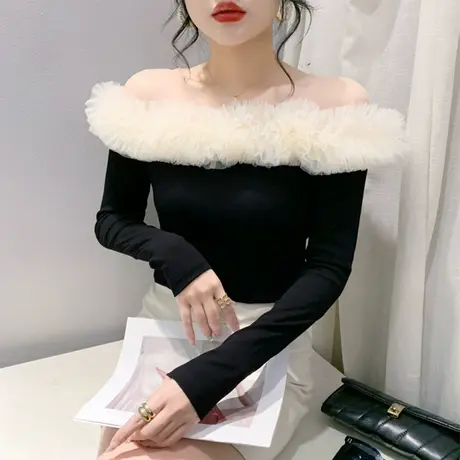 性感一字领露肩长袖时尚洋气打底衫T恤女设计感蓬松大花边上衣ins商品大图