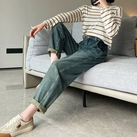 复古蓝色直筒牛仔裤女2024春秋新款高腰阔腿窄版显瘦九分老爹裤子图片