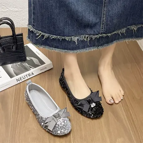 豆豆鞋女配裙子时尚单鞋2024年新款春秋季一脚蹬蝴蝶结平底孕妇鞋商品大图