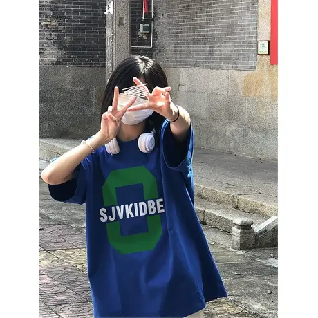 纯棉重磅克莱因蓝短袖t恤女2023新款春夏季宽松小众潮牌大码上衣商品大图