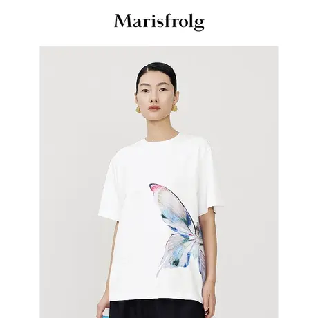 【艺术家联名】玛丝菲尔2023年夏季新款白色时尚蝴蝶印花短袖T恤图片