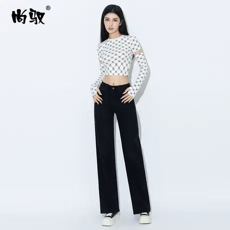 尚驭黑色弹力牛仔直筒裤女秋季时髦大气阔腿裤高腰显瘦拖地裤百搭商品大图