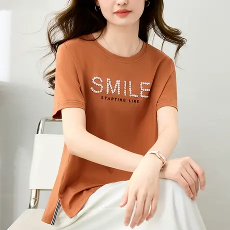 纯棉短袖t恤女夏装2024年新款精致时尚上衣服重工刺绣字母体恤衫商品大图
