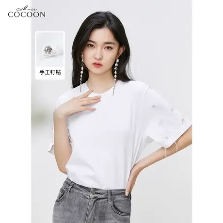 miss COCOON白色钉珠圆领短袖t恤上衣女2023夏季新款时尚纯棉体恤商品大图