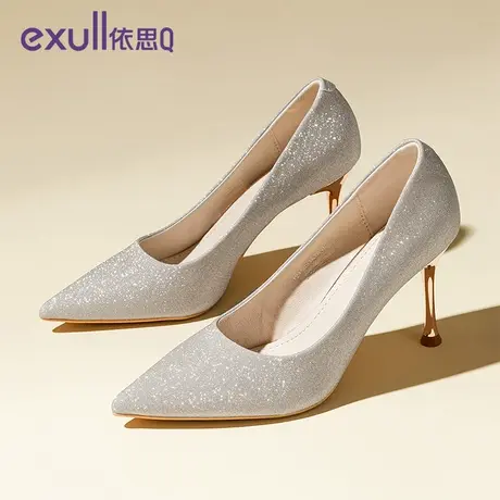 依思q名媛高跟鞋女细跟2023新款单鞋水晶礼服宴会鞋黑色婚鞋凉鞋图片