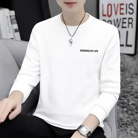 重磅纯棉t恤男长袖加绒加厚白色打底衫秋冬内搭摇粒绒全棉秋衣服图片