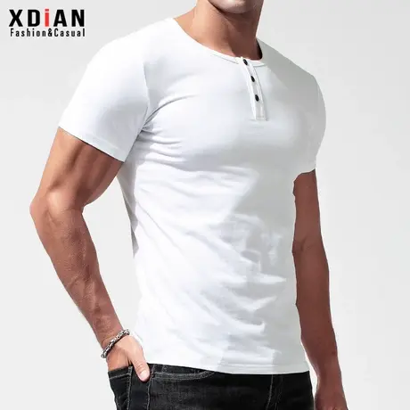 亨利领短袖男士夏季修身紧身纯棉透气打底衫体恤前短后长亨利衫潮图片