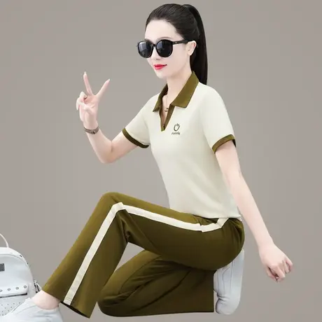 休闲运动服套装女夏2023年新款时尚V领显瘦薄款天丝直筒裤两件套商品大图