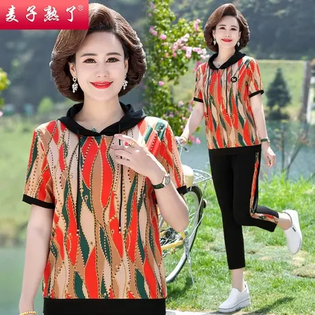 中年女装40岁50妈妈夏装洋气两件套装宽松运动短袖T恤上年人衣服商品大图