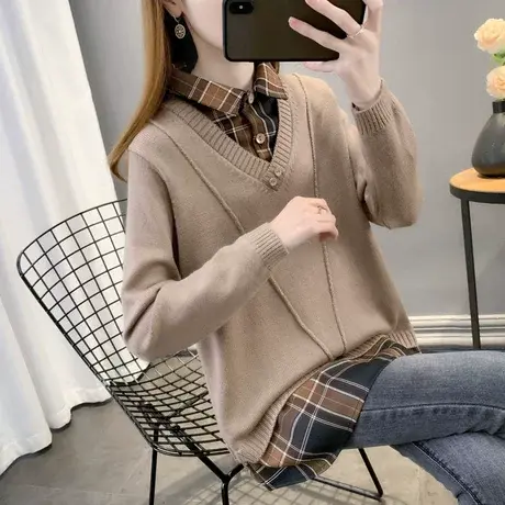 衬衣领拼接假两件套头毛衣女2023年春秋季新洋气时尚针织打底衫潮商品大图