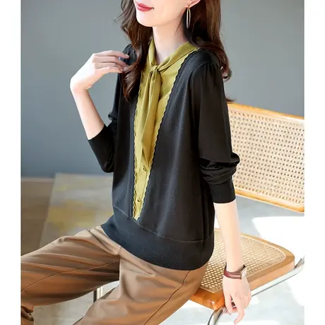 宝诗黎秋季新款系带拼接长袖针织衫打底女装2023高级感套头短上衣商品大图