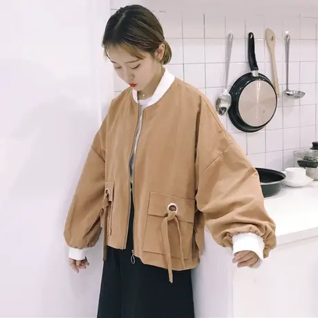 2021春秋款女装韩版bf风学生外套宽松原宿绑带休闲短款棒球服夹克商品大图