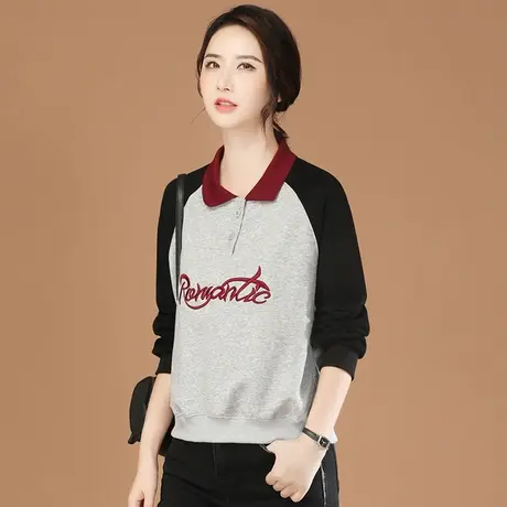 韩潮袭人美式POLO领长袖撞色拼接刺绣卫衣女2023秋新款宽松棒球服商品大图