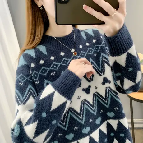 半高领毛衣女加厚打底衫2023秋冬新款宽松慵懒风针织衫内搭上衣潮商品大图