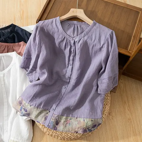 享永子短袖苎麻衬衫女薄文艺复古拼接设计感棉麻上衣2023夏季新款图片