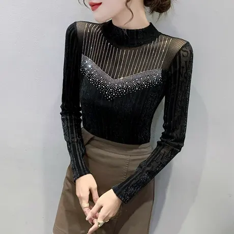 半高领打底衫女秋冬紧身内搭长袖T恤时尚烫钻小衫网纱加绒上衣潮图片