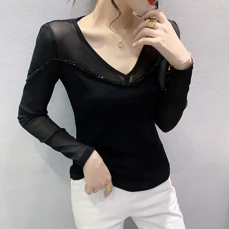 欧货网纱T恤女士长袖2023春秋新款性感V领显瘦打底衫内搭钉珠上衣图片