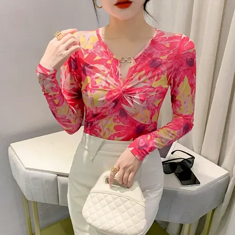 复古印花打底衫女长袖2023秋季新款性感V领网纱上衣修身别致T恤潮图片