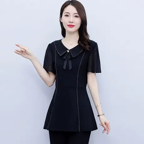 黑色短袖t恤女夏季2023新款娃娃领上衣美式复古收腰大码胖mm显瘦图片