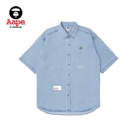 Aape旗舰店男装春夏猿颜徽章字母刺绣重磅牛仔短袖衬衫8453XXK商品大图