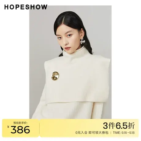 红袖outlets圆领真两件针织衫hopeshow2022冬季款套头长袖毛衣女商品大图